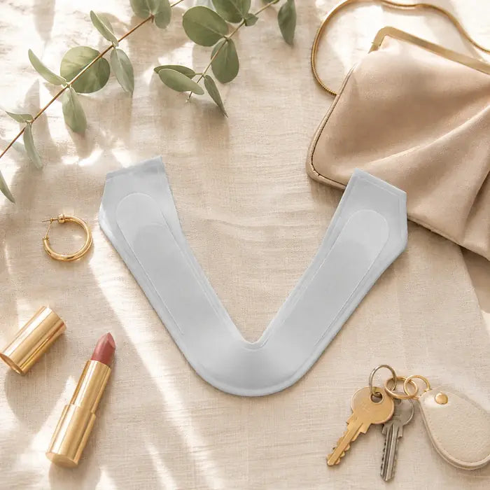 The folded strap beside a clutch, lipstick, earring and keys on cream linen